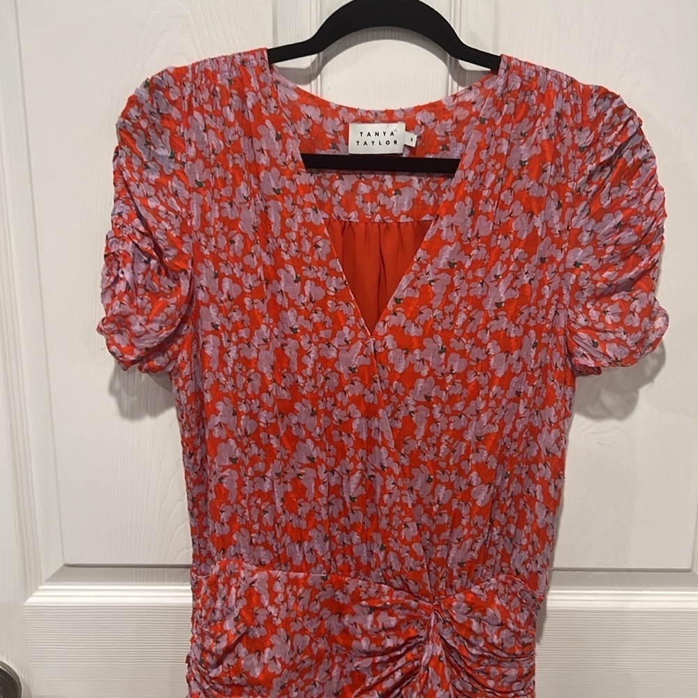 Tanya Taylor short sleeve ruched silk blend floral mini dress size 8 - Picture 4 of 9